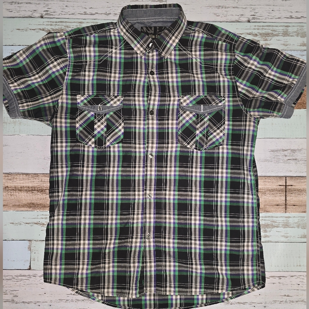 FOR HIM LONDON Casual, Plaid, Button Down Short Sleeve Shirt (Size XL)